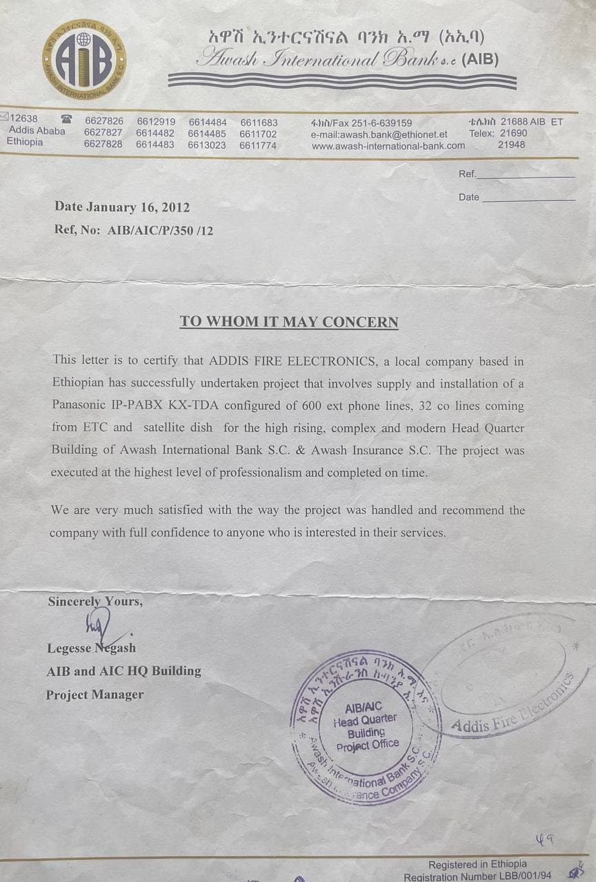 Testimonial letter from Awash International Bank