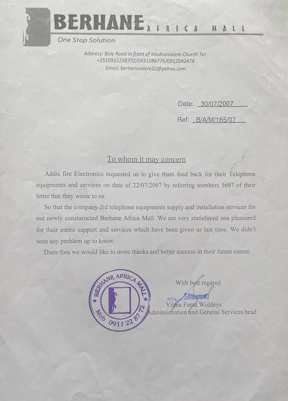 Testimonial letter from Berhane Adere Mall