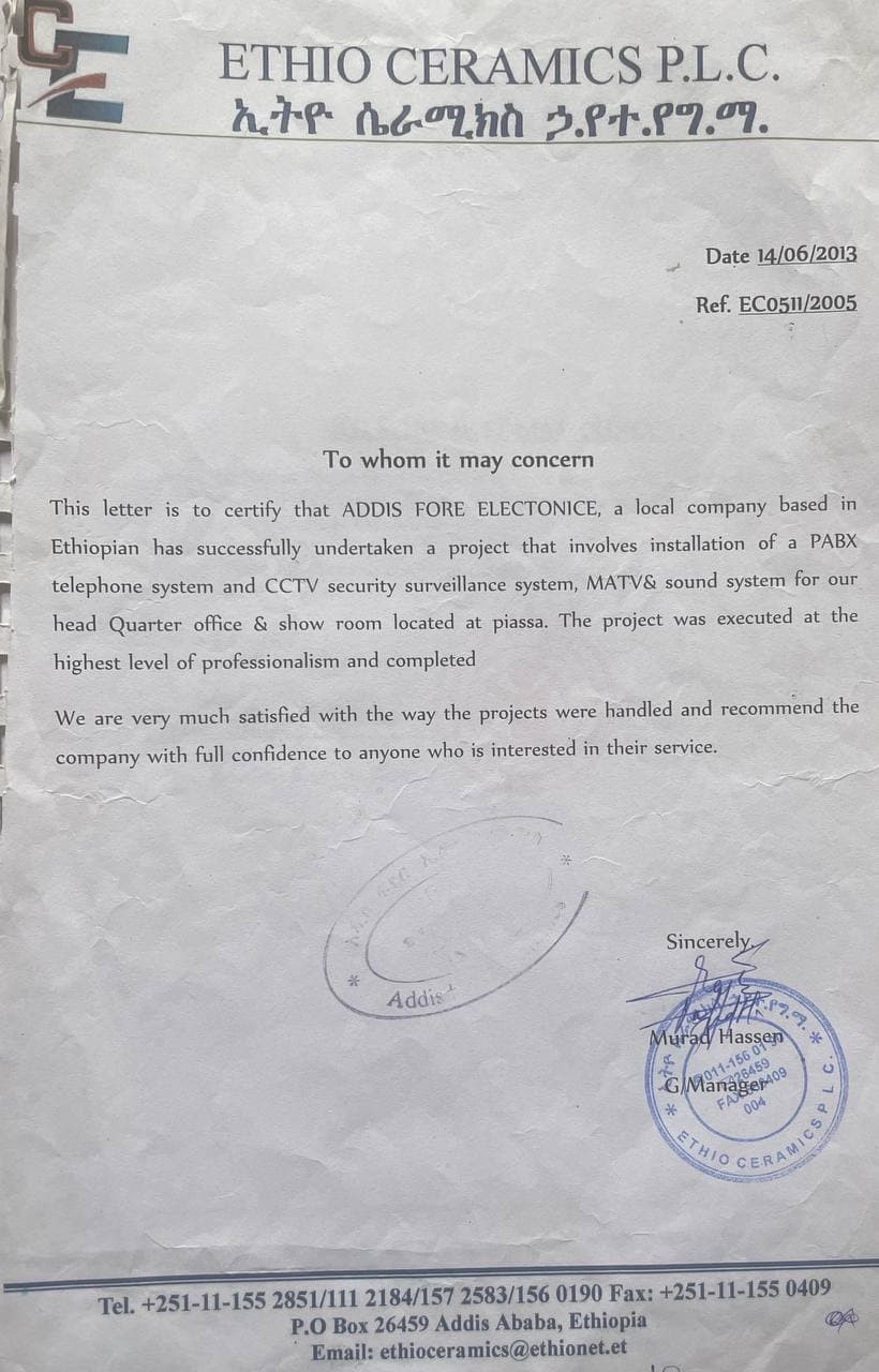 Testimonial letter from Ethio Ceramics PLC