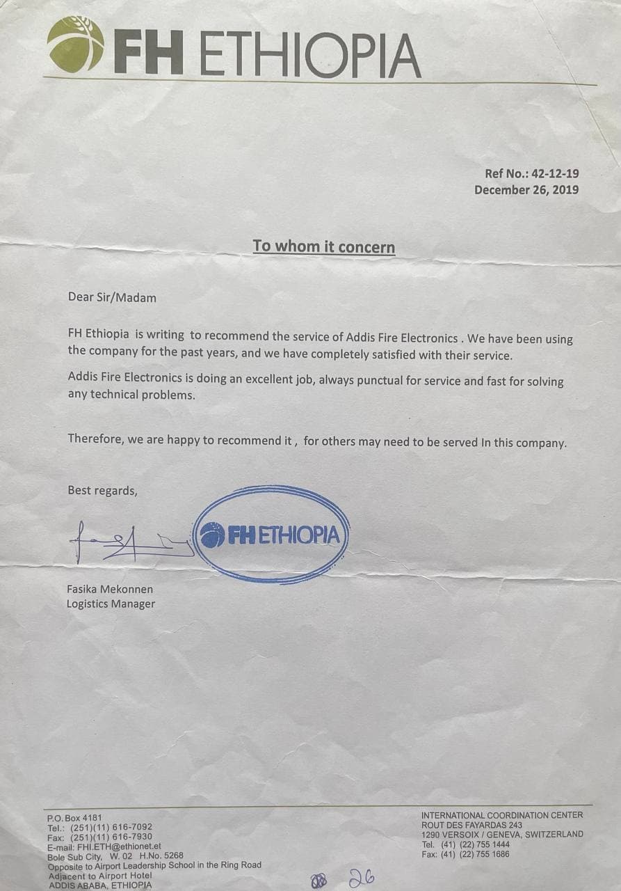 Testimonial letter from FH Ethiopia