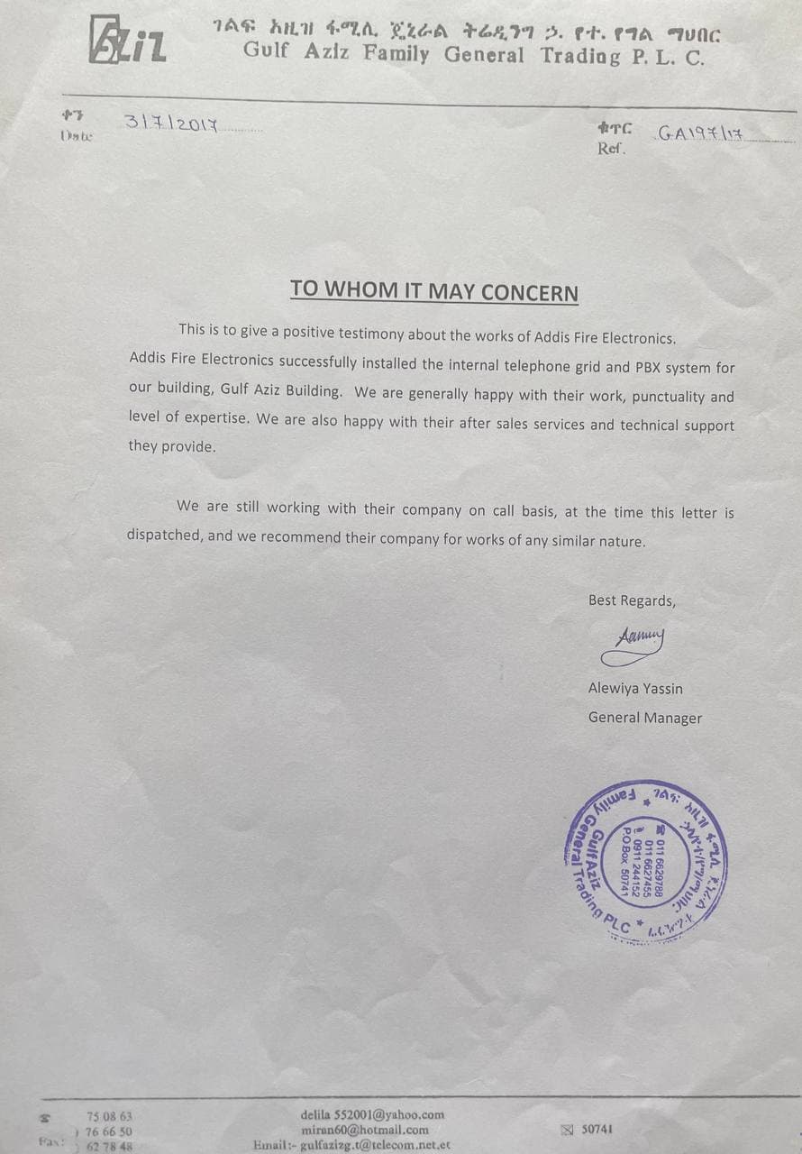 Testimonial letter from Gulf Aziz Trading