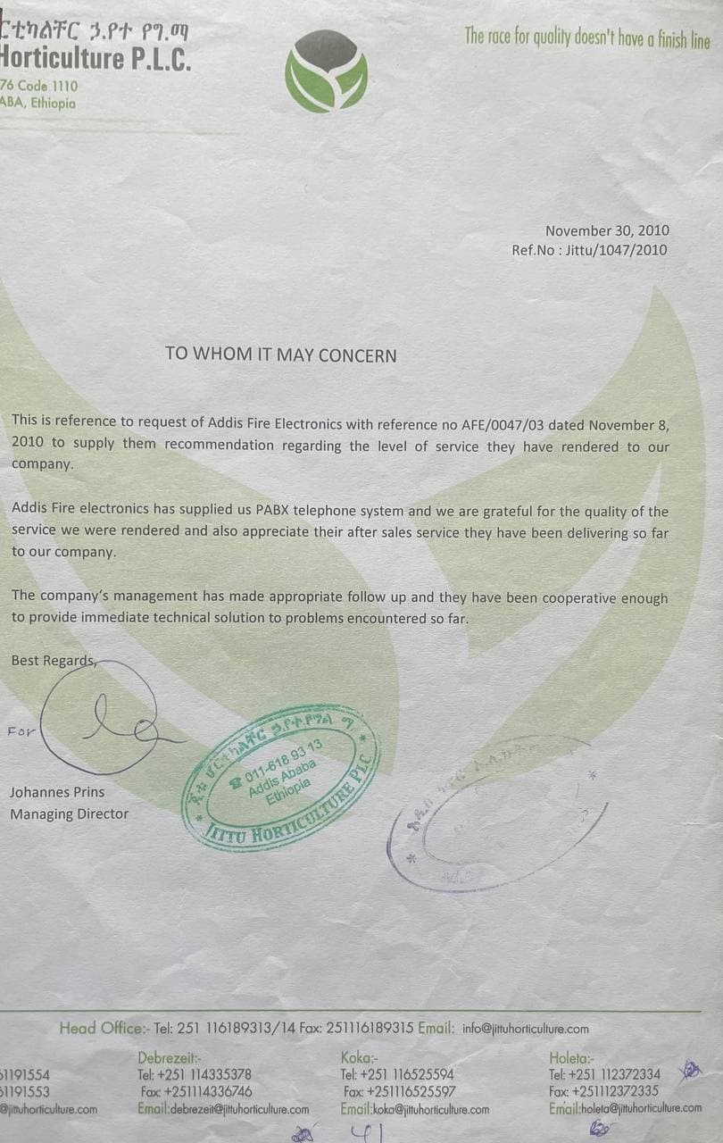 Testimonial letter from Jittu Horticulture