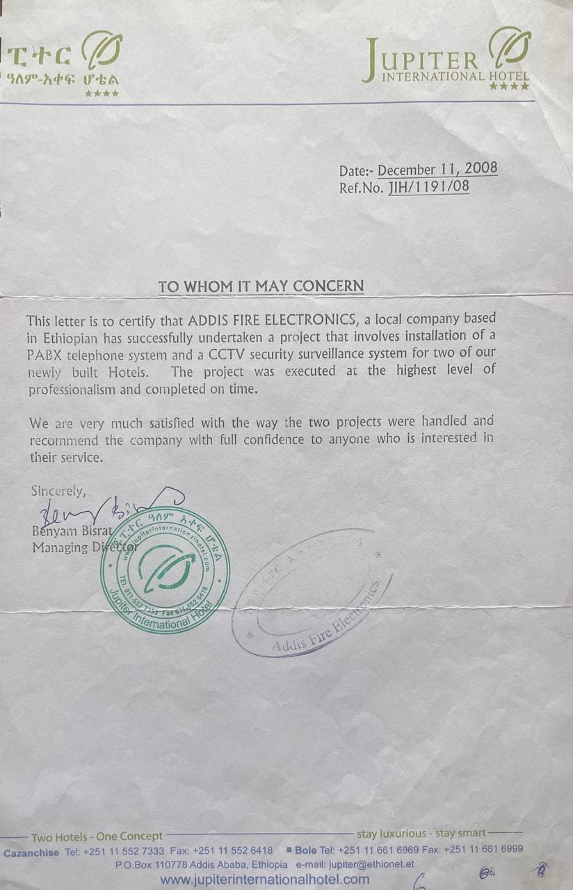 Testimonial letter from Jupiter Trading and Hotel