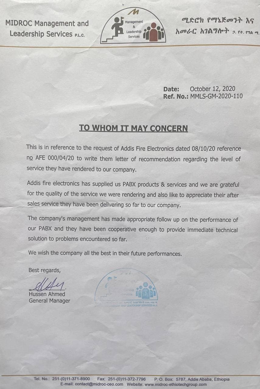 Testimonial letter from Midroc Investment Group