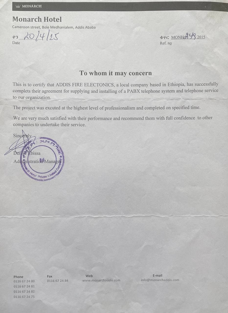 Testimonial letter from Monarch Hotel