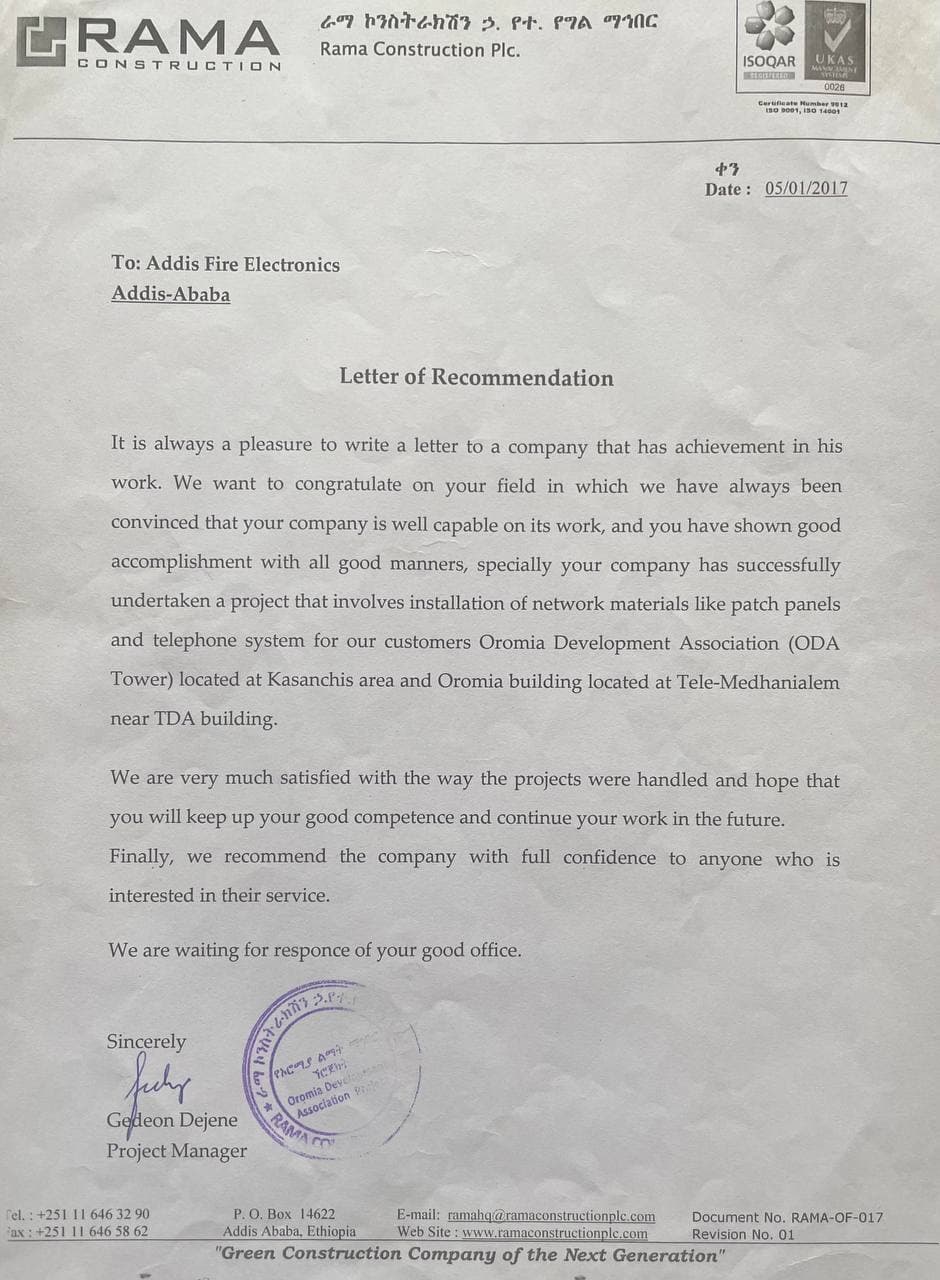 Testimonial letter from Rama Construction